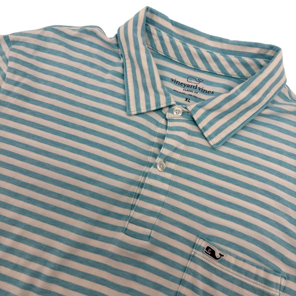 Vineyard Vines Polo Shirt Men XL Blue Striped Pima Cotton‎ Classic Fit Pocket